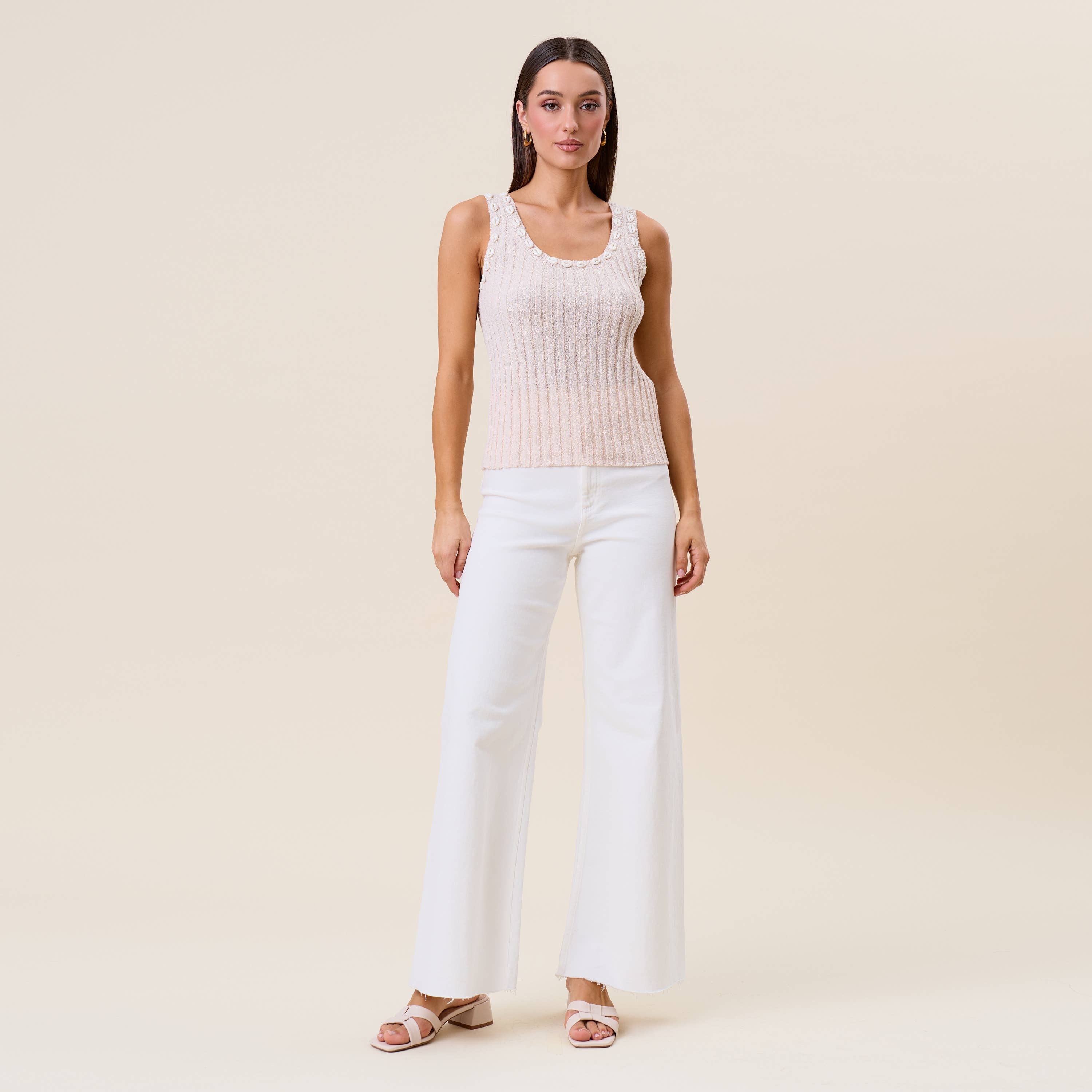 Shell embellished sleeveless knit top