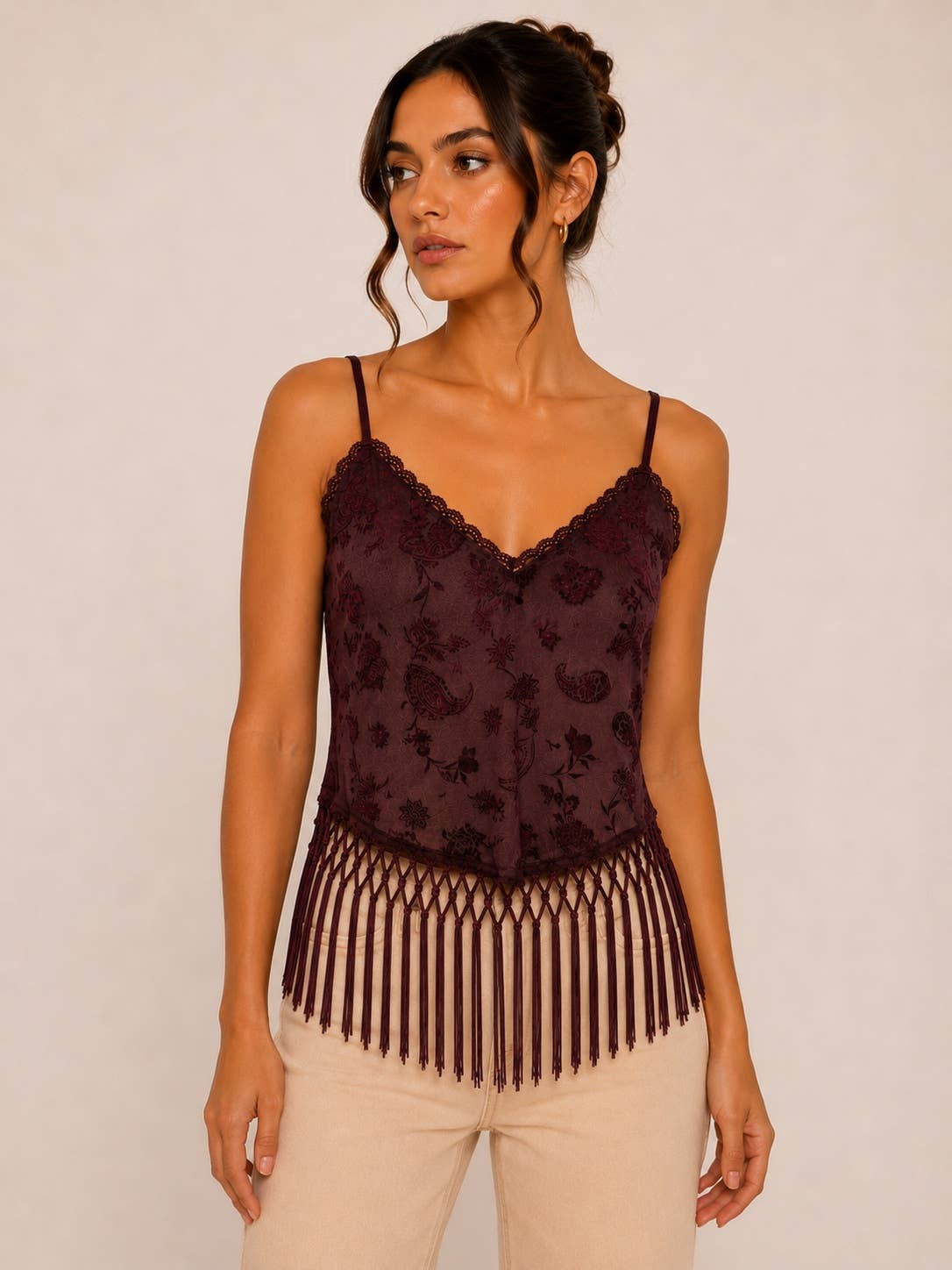 MACRAME FRINGE VELVET FLOCKED MESH TOP - TI7970FO