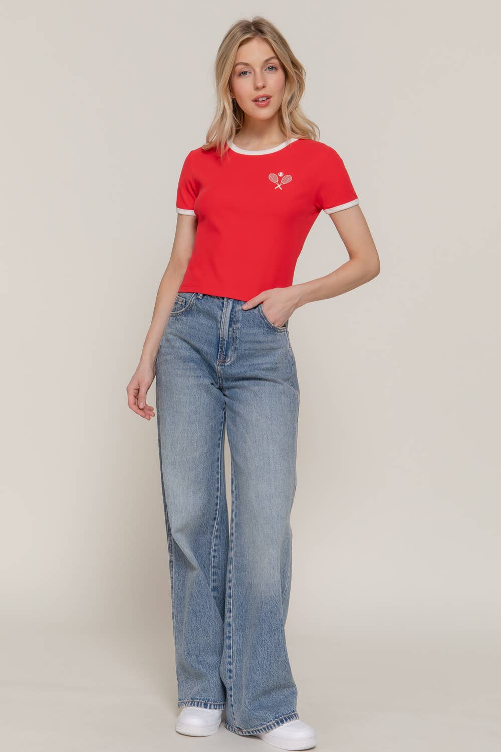 Short Sleeve Crew Neck Embroidery Ringer T-shirt