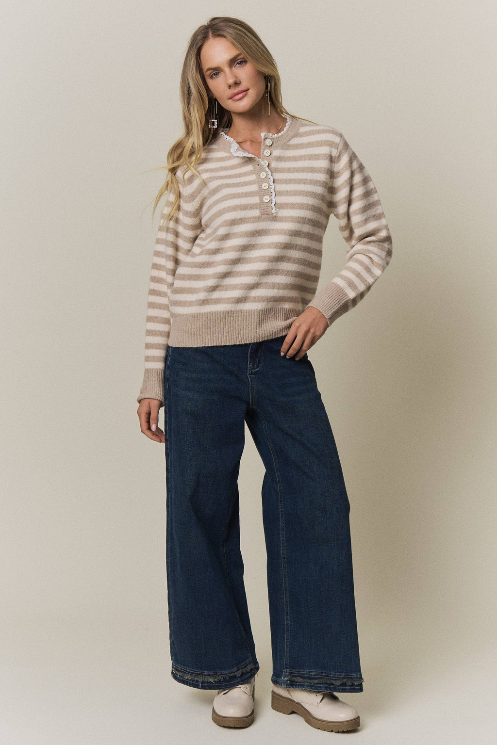 STRIPED KNIT HENLEY SWEATER- CESW4380
