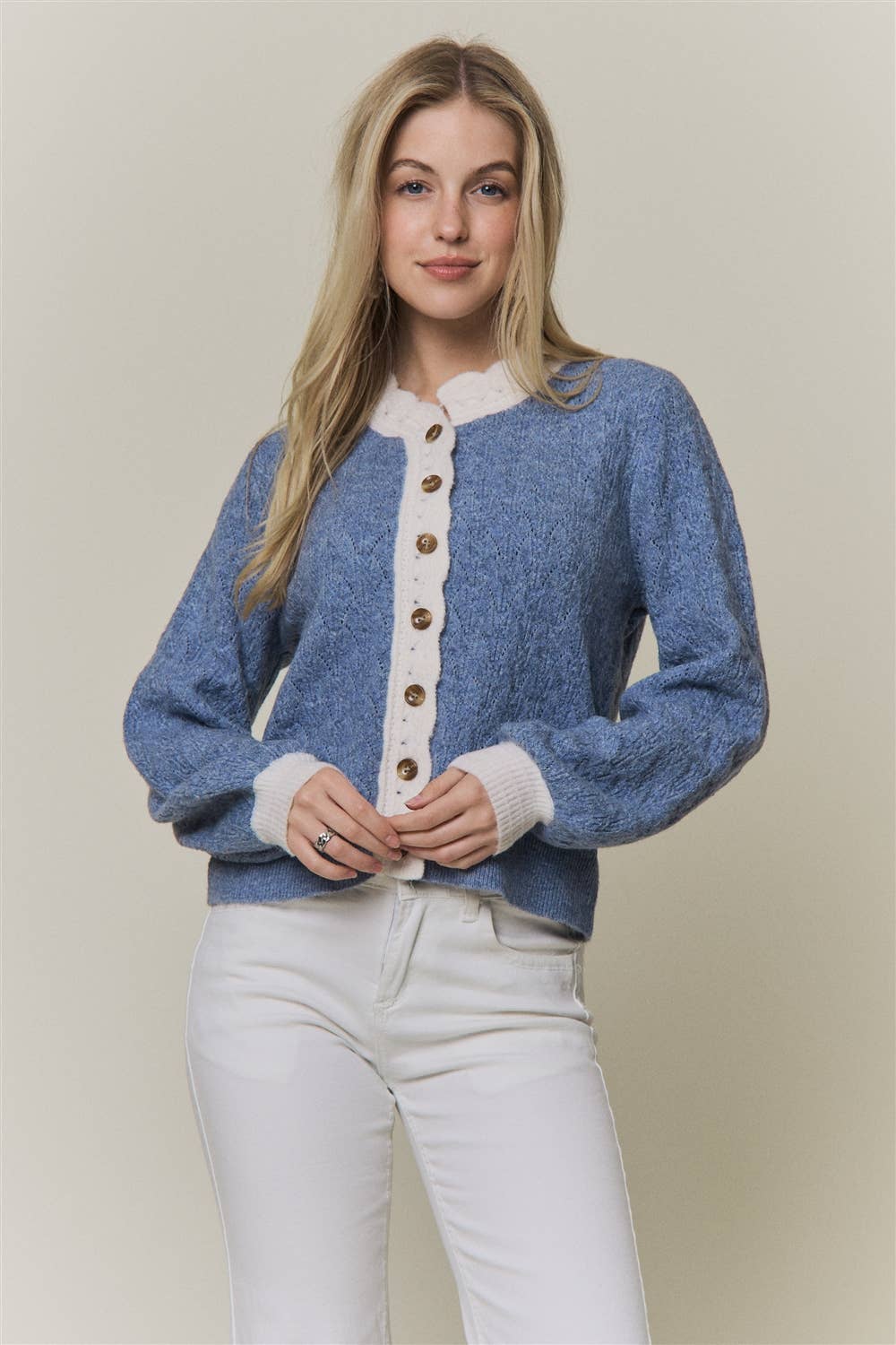 CONTRAST SCALLOP TRIM SWEATER CARDIGAN