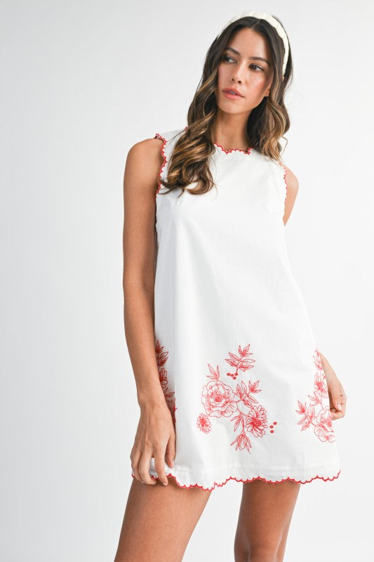 Floral Embroidered Scalloped Edge Mini Dress