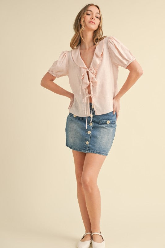 Tie front ruffle linen blouse