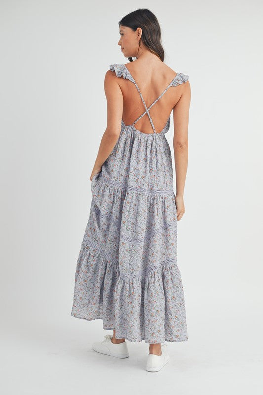 Floral print Lace Trimmed Tiered Maxi Dress