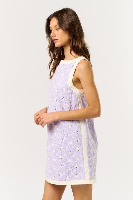 Sleeveless color block eyelet mini dress