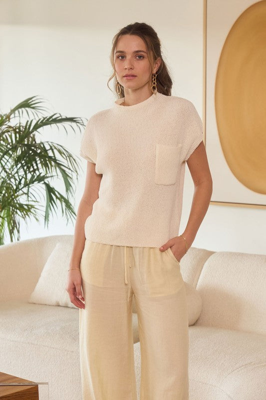 Mock neck short sleeve pocket sweater top