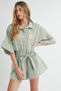 Embroidered Button Down Collared Romper