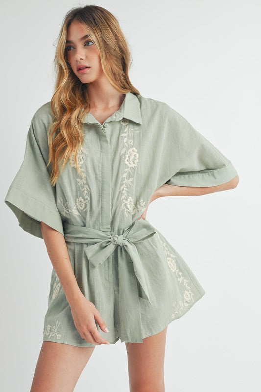 Embroidered Button Down Collared Romper
