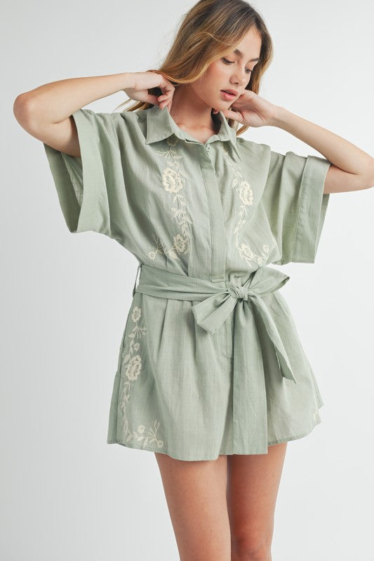 Embroidered Button Down Collared Romper