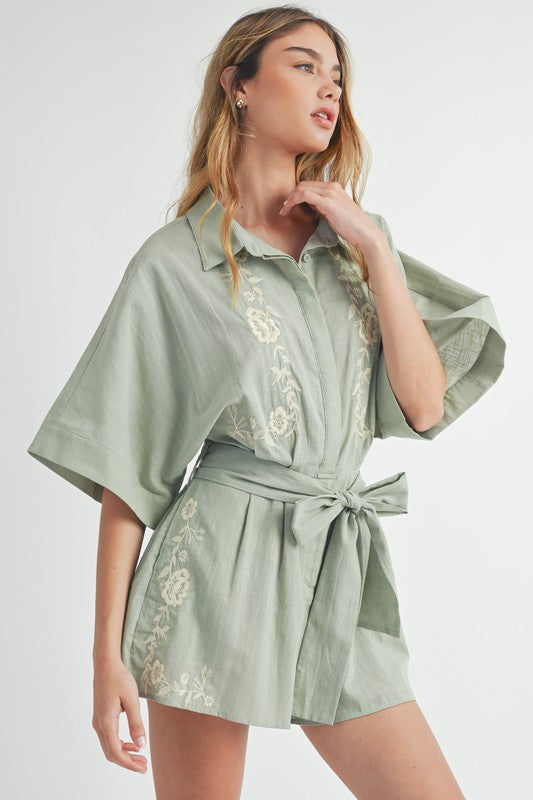 Embroidered Button Down Collared Romper