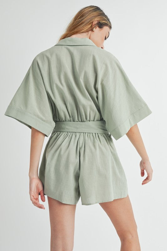 Embroidered Button Down Collared Romper