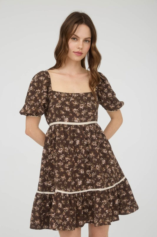 Floral Contrast Trim Detail Puffsleeves Mini Dress