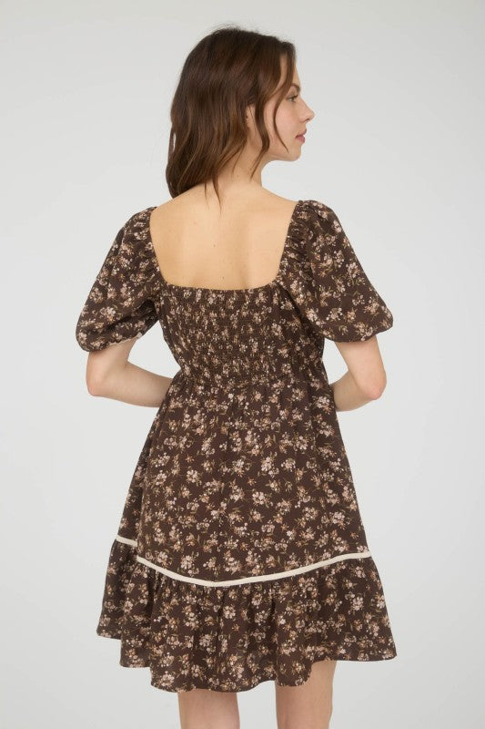 Floral Contrast Trim Detail Puffsleeves Mini Dress