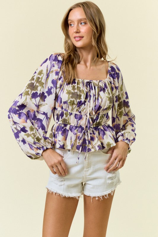 Floral Square Neckline Babydoll Blouse