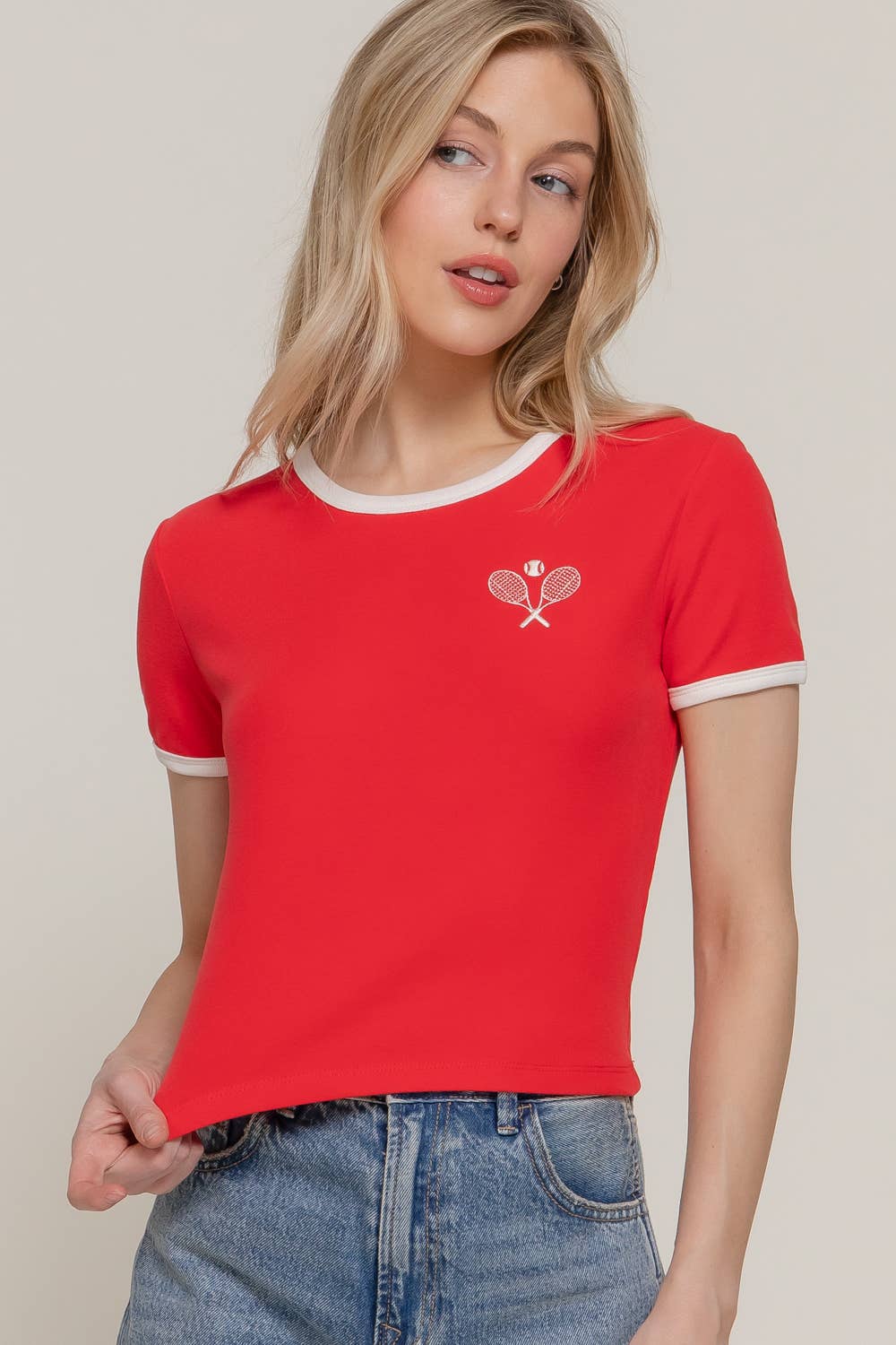 Short Sleeve Crew Neck Embroidery Ringer T-shirt
