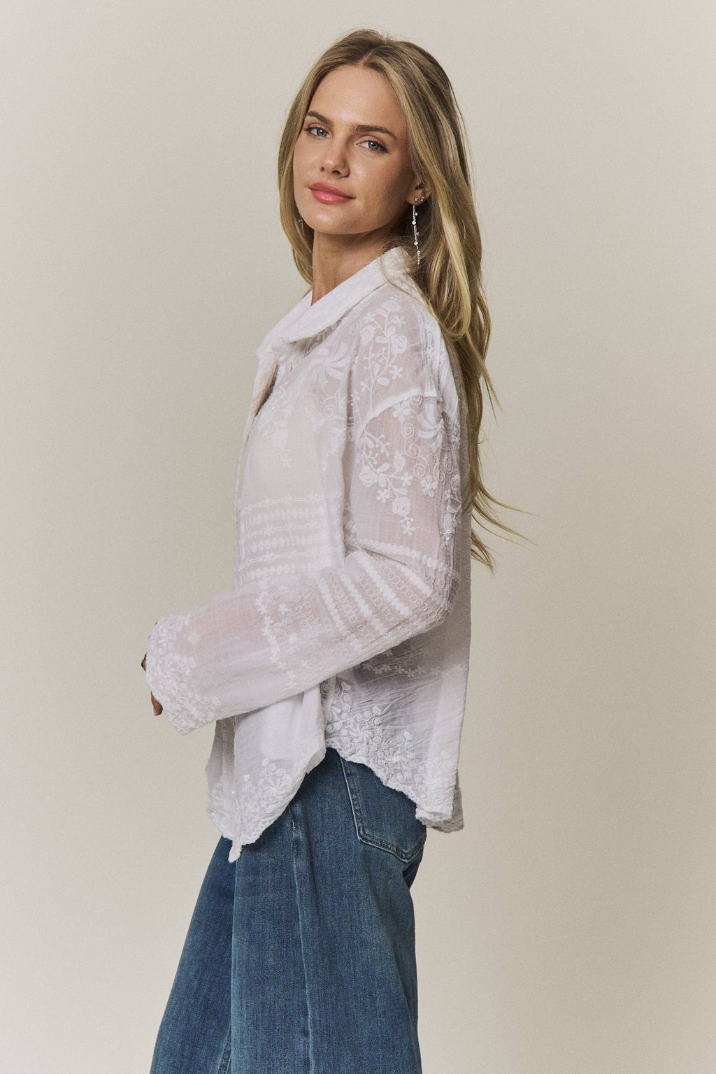 EMBROIDERED SHEER BUTTON-DOWN BLOUSE- CET4525
