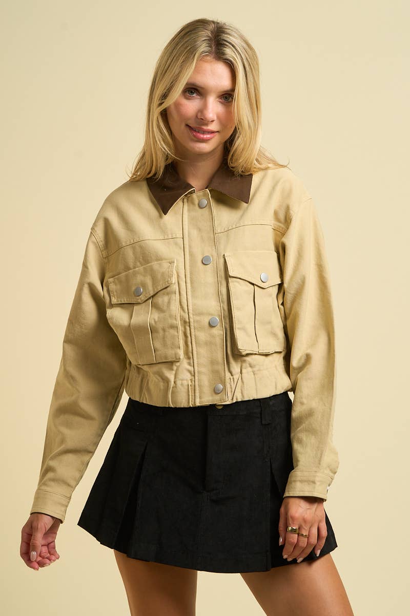 2757-Cropped Utility Jacket with Contrast Collar