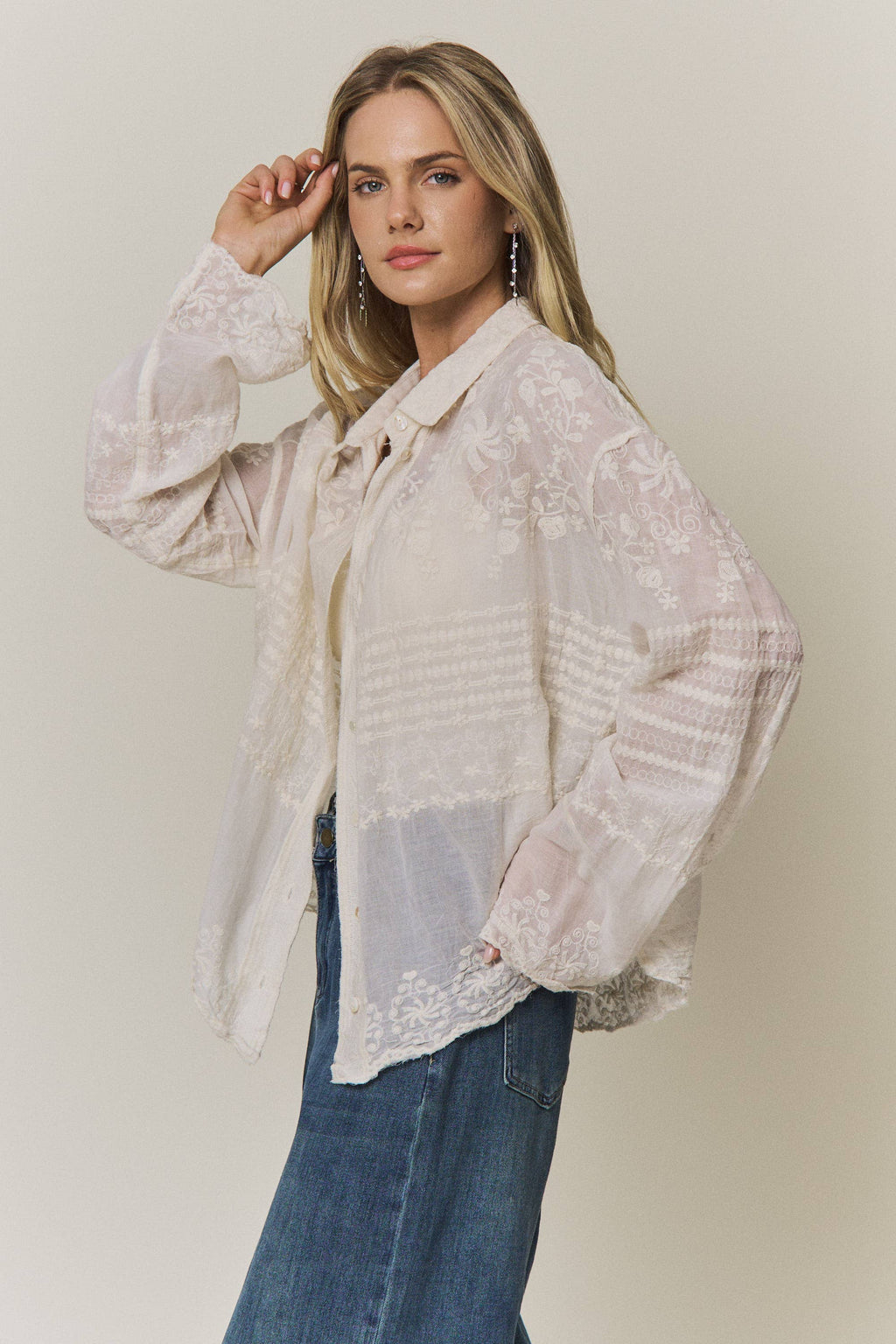 EMBROIDERED SHEER BUTTON-DOWN BLOUSE- CET4525