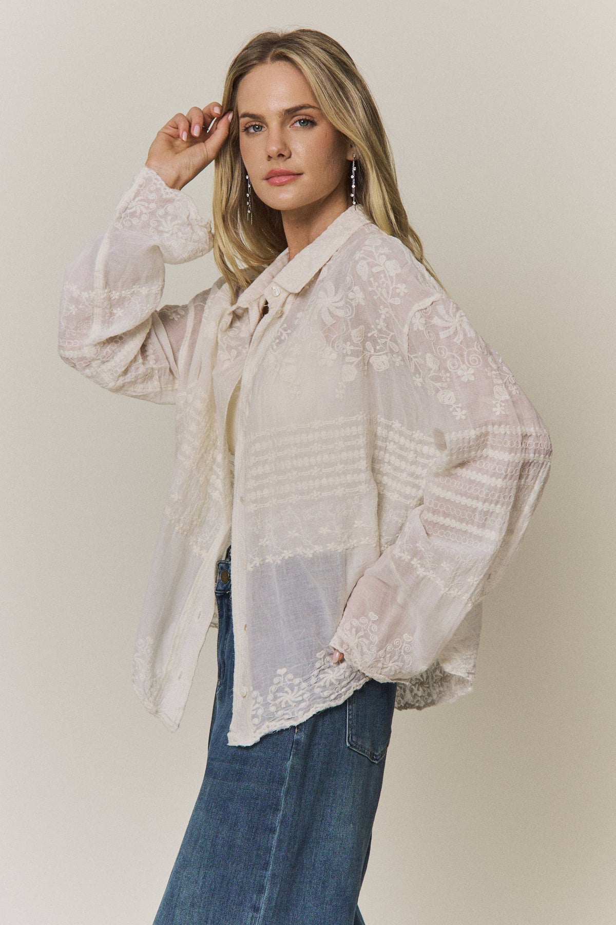 EMBROIDERED SHEER BUTTON-DOWN BLOUSE- CET4525