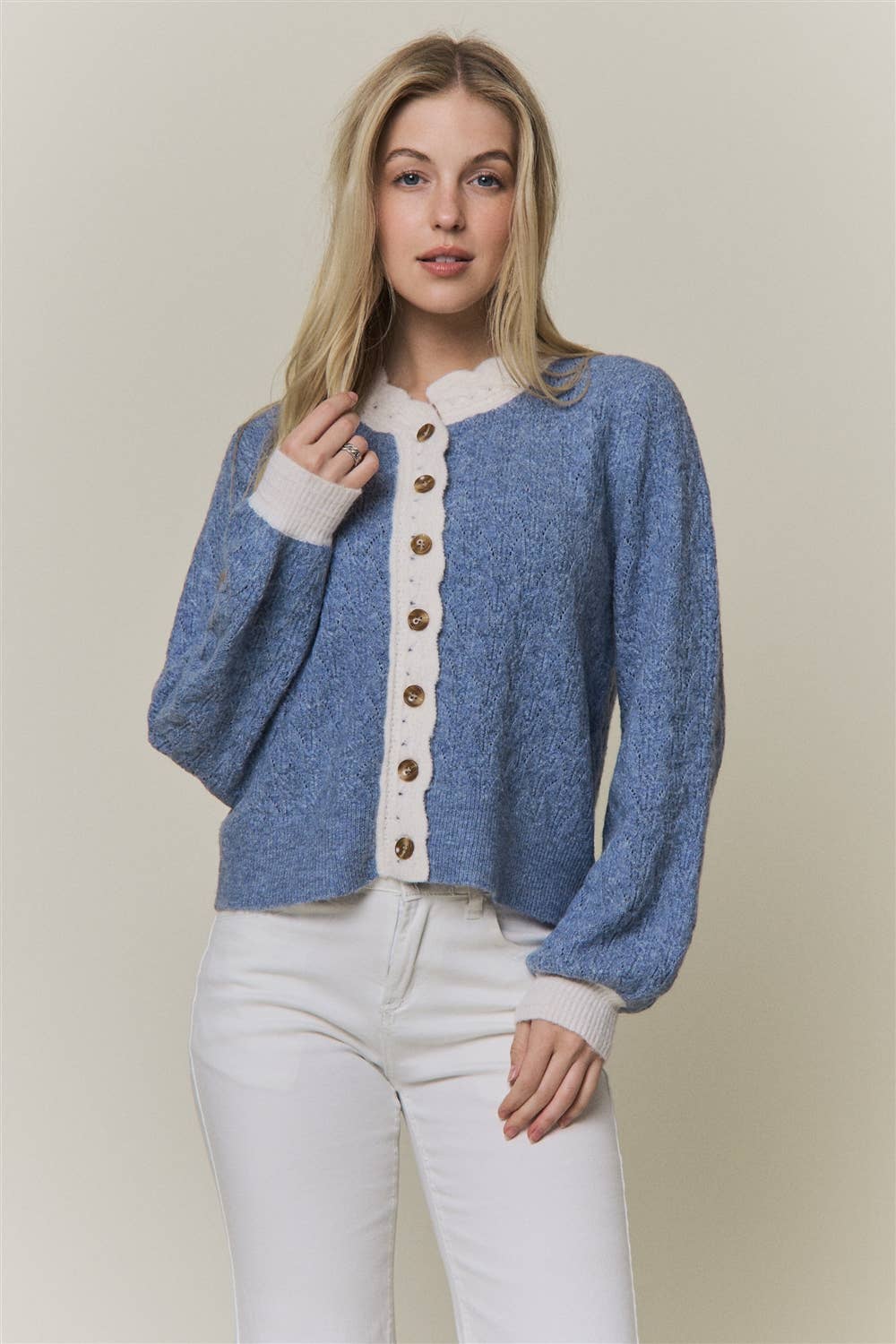 CONTRAST SCALLOP TRIM SWEATER CARDIGAN