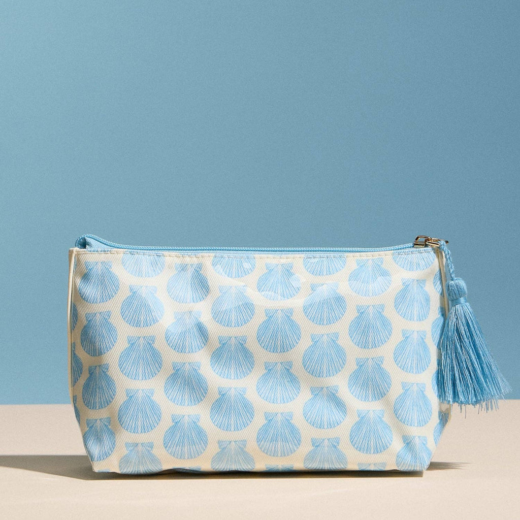 Blue Seashell Print Cosmetic Pouch | Zipper Makeup Bag with Tassel