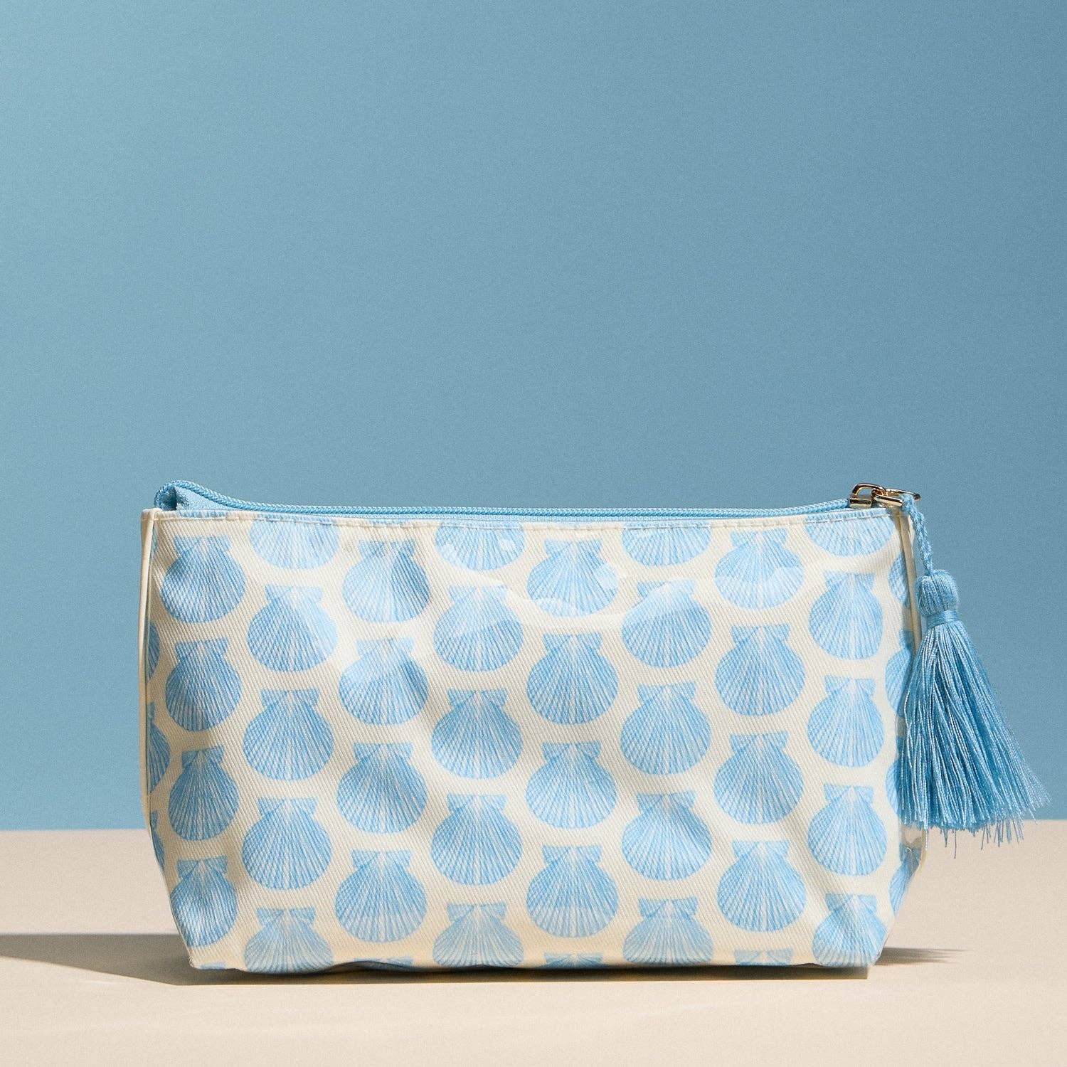 Blue Seashell Print Cosmetic Pouch | Zipper Makeup Bag with Tassel