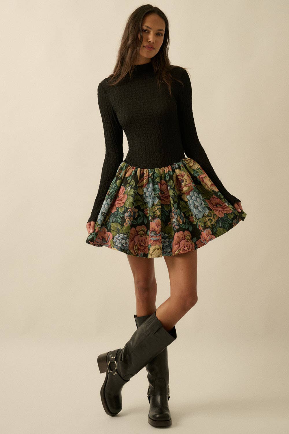 Textured Knit Floral Tapestry Bubble Mini Dress