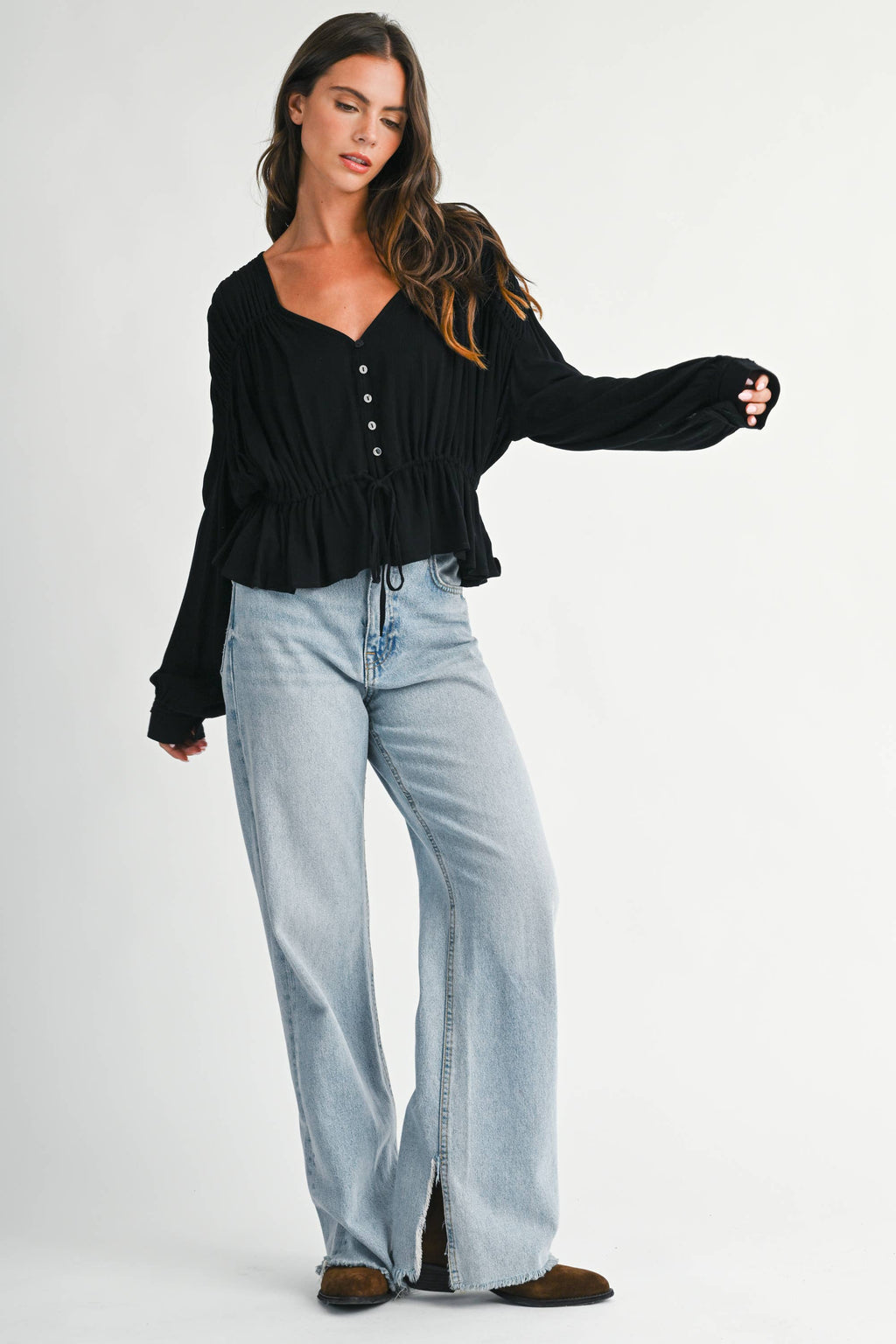 Textured Button Front Peplum Blouse