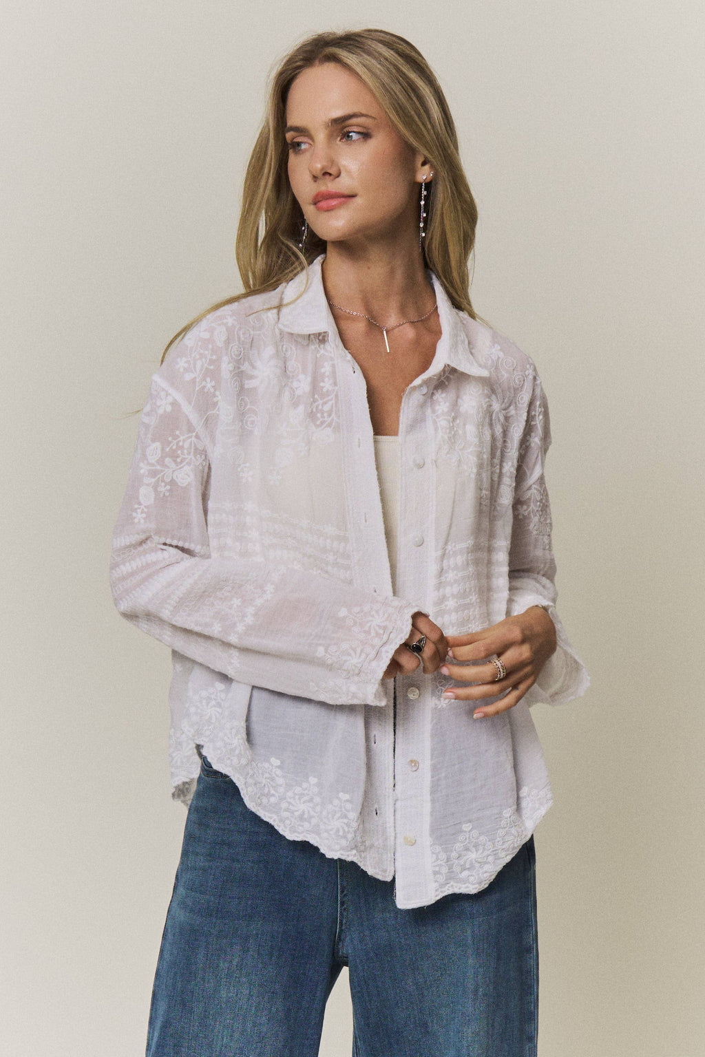 EMBROIDERED SHEER BUTTON-DOWN BLOUSE- CET4525