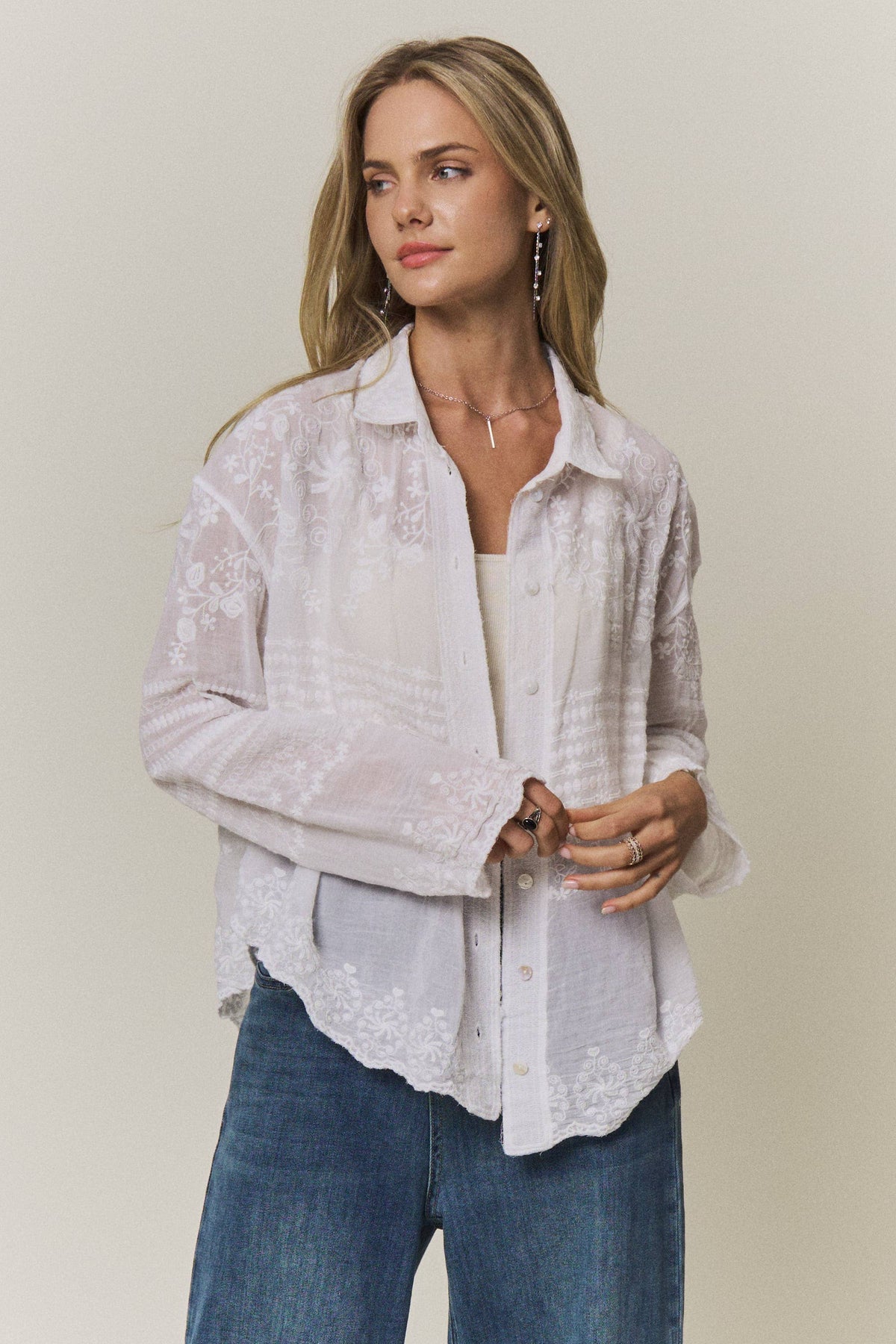 EMBROIDERED SHEER BUTTON-DOWN BLOUSE- CET4525