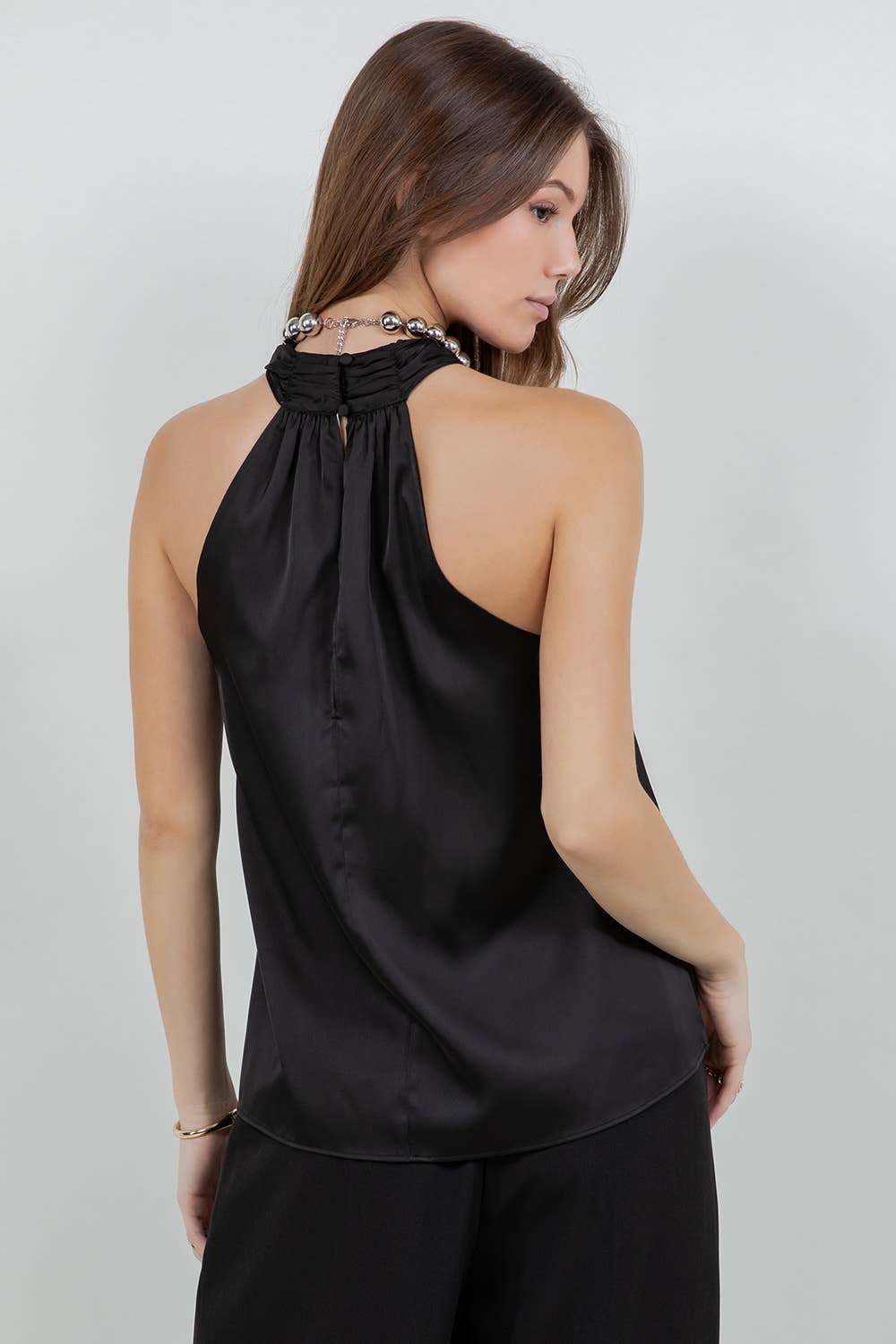 HALTER NECK SATIN TANK TOP WITH METALLIC SILVER BEADING