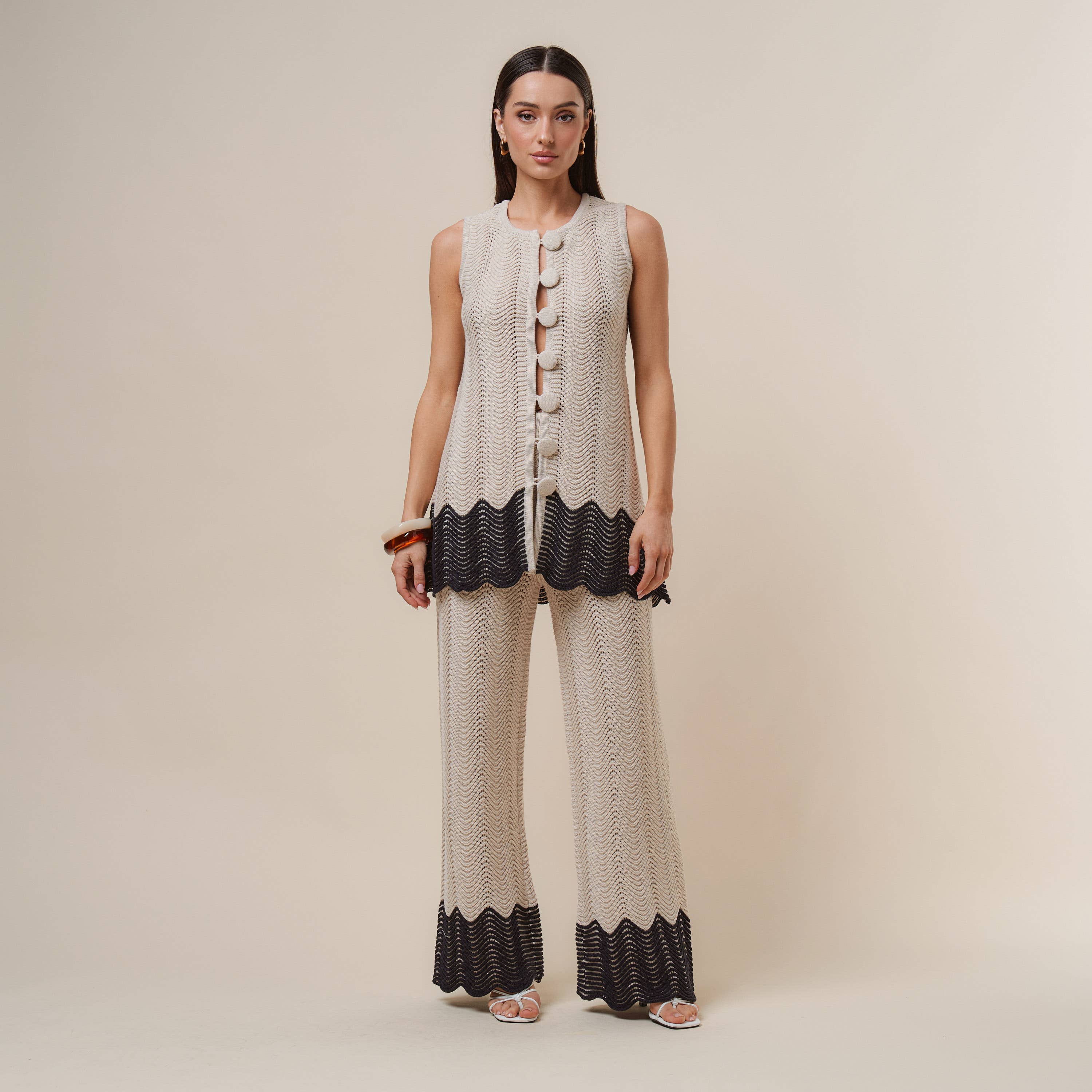 AS3390 Colorblock Button knit top & pants set