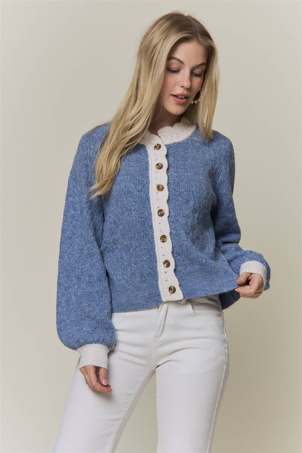 CONTRAST SCALLOP TRIM SWEATER CARDIGAN