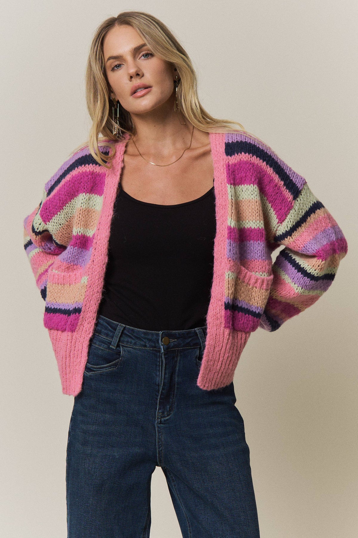 VIBRANT STRIPED COLOR BLOCK CARDIGAN