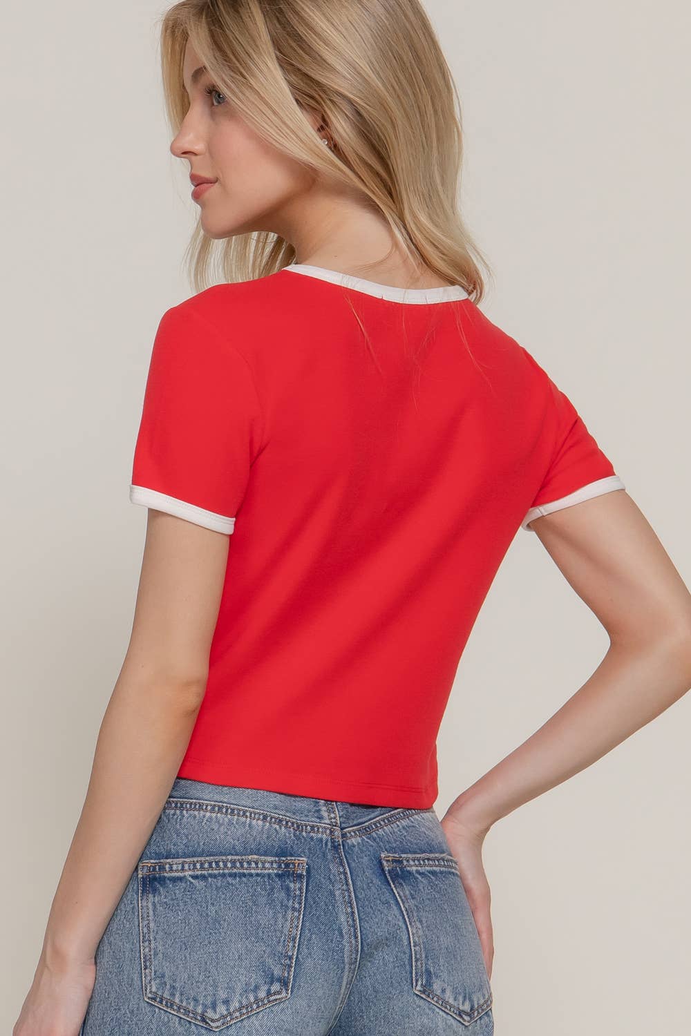 Short Sleeve Crew Neck Embroidery Ringer T-shirt