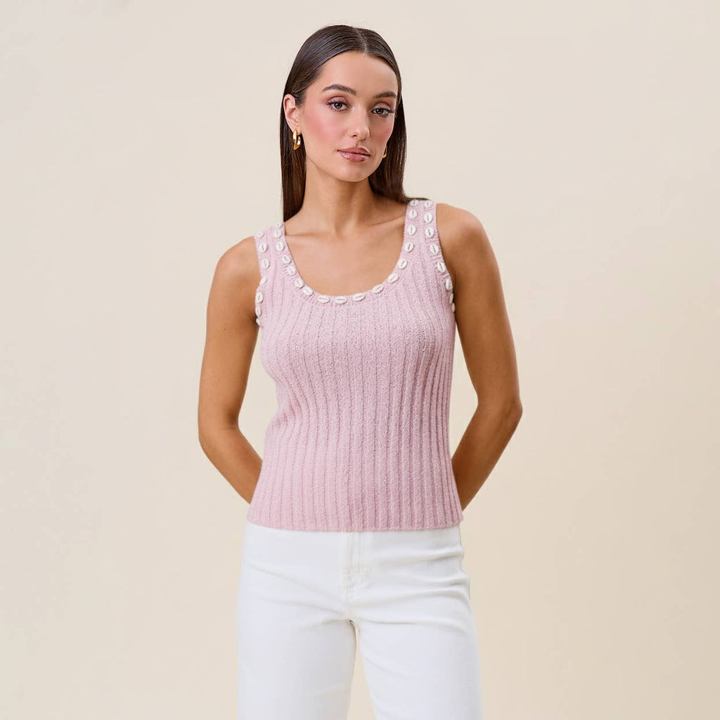 Shell embellished sleeveless knit top