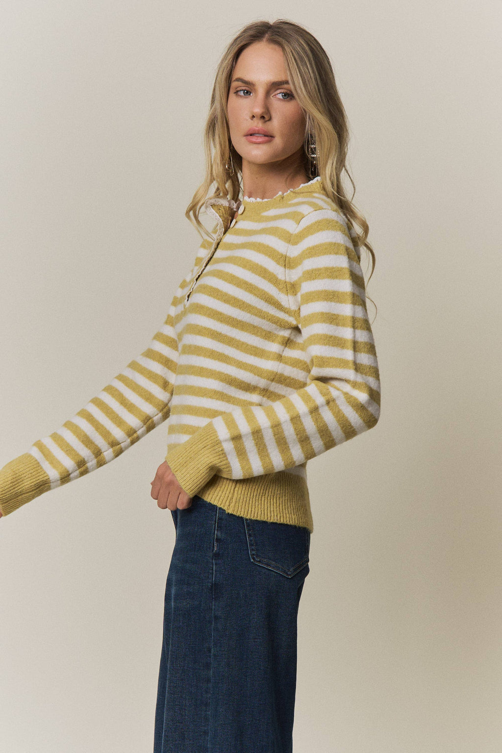 STRIPED KNIT HENLEY SWEATER- CESW4380