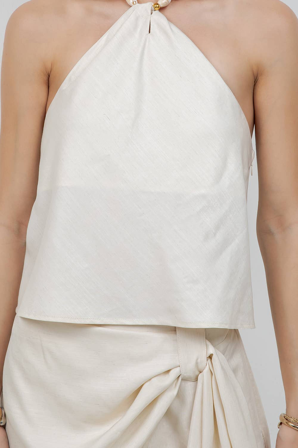 SOFT WOVEN HALTER TOP WITH BEAD ACCENT