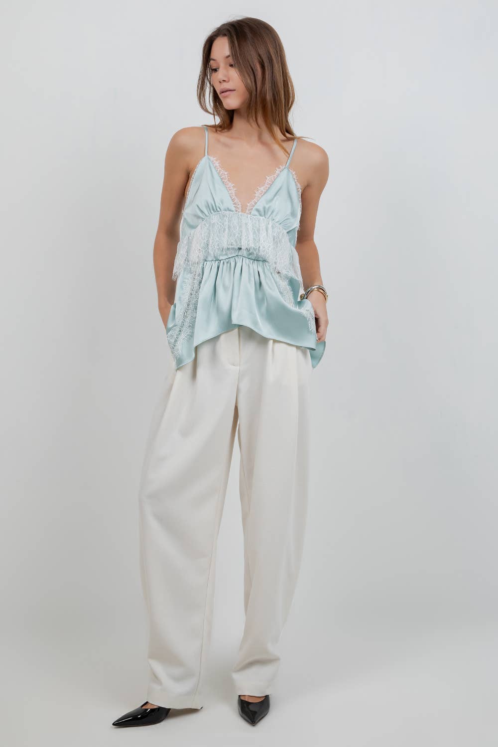 LACE MIXED SATIN CAMI TANK TOP