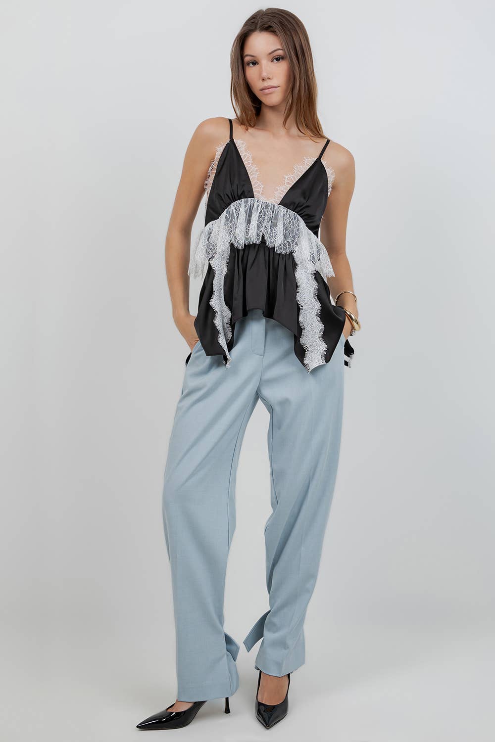 LACE MIXED SATIN CAMI TANK TOP