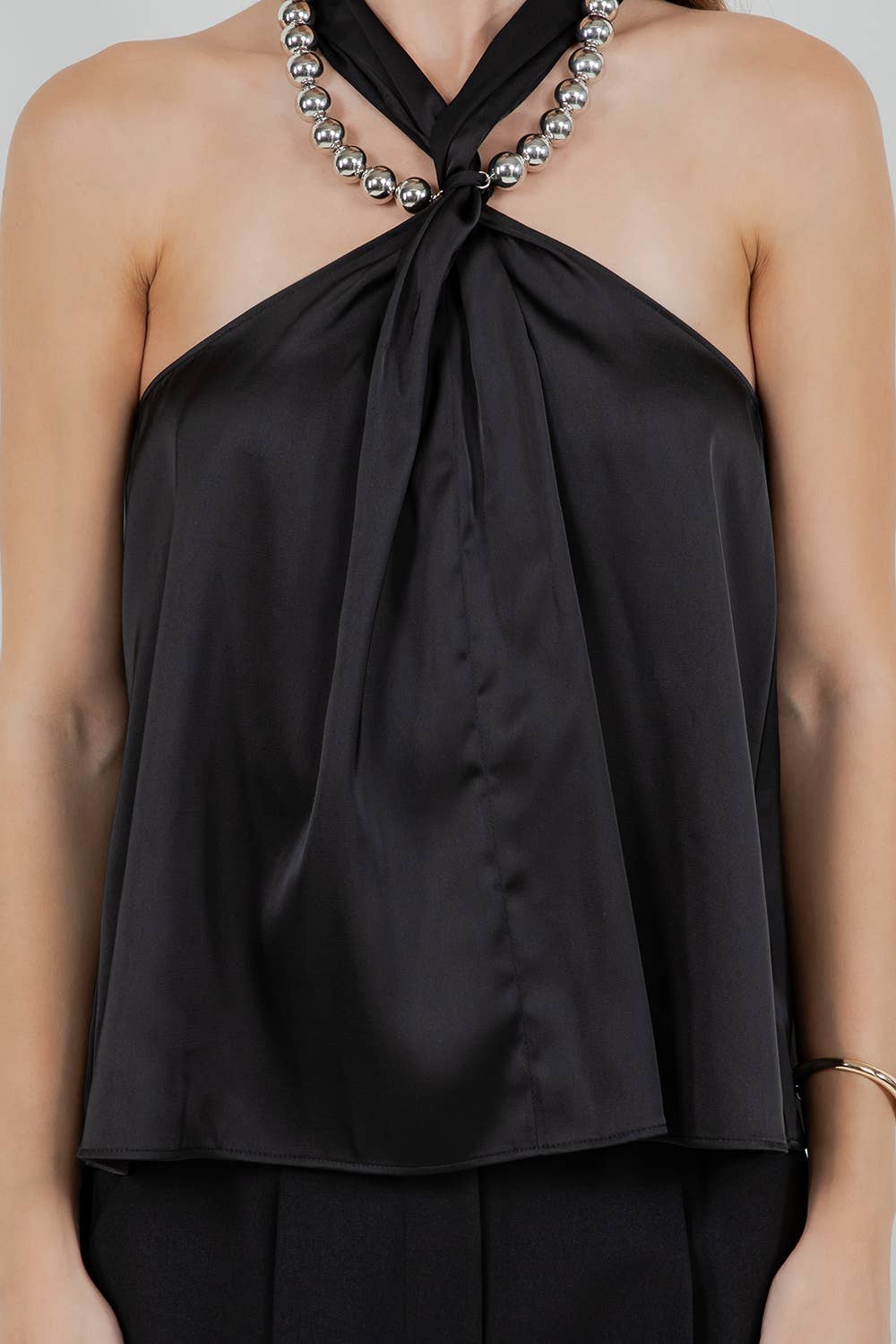 HALTER NECK SATIN TANK TOP WITH METALLIC SILVER BEADING