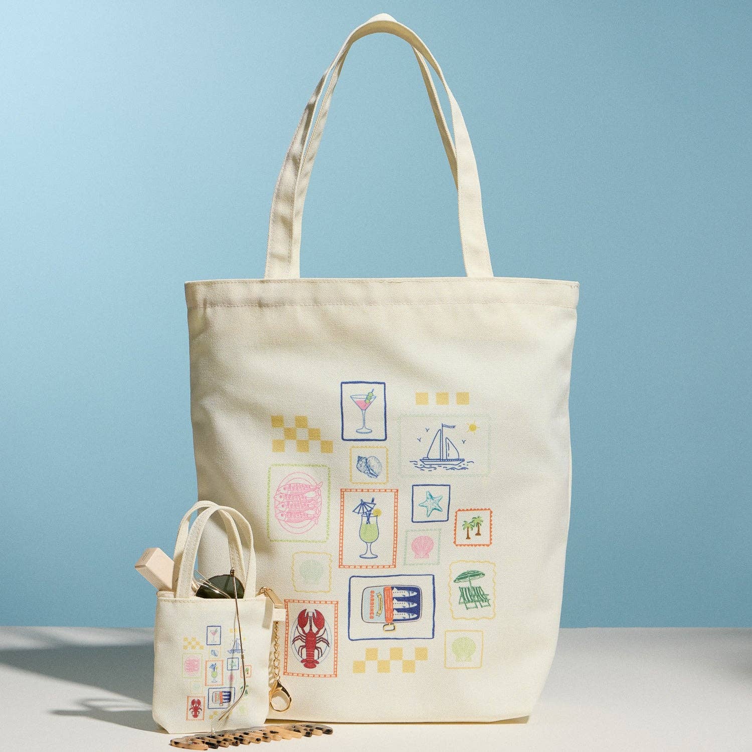 Cream Canvas Tote Bag with Coastal Stamp Print | Everyday Shoulder Shopping Bag