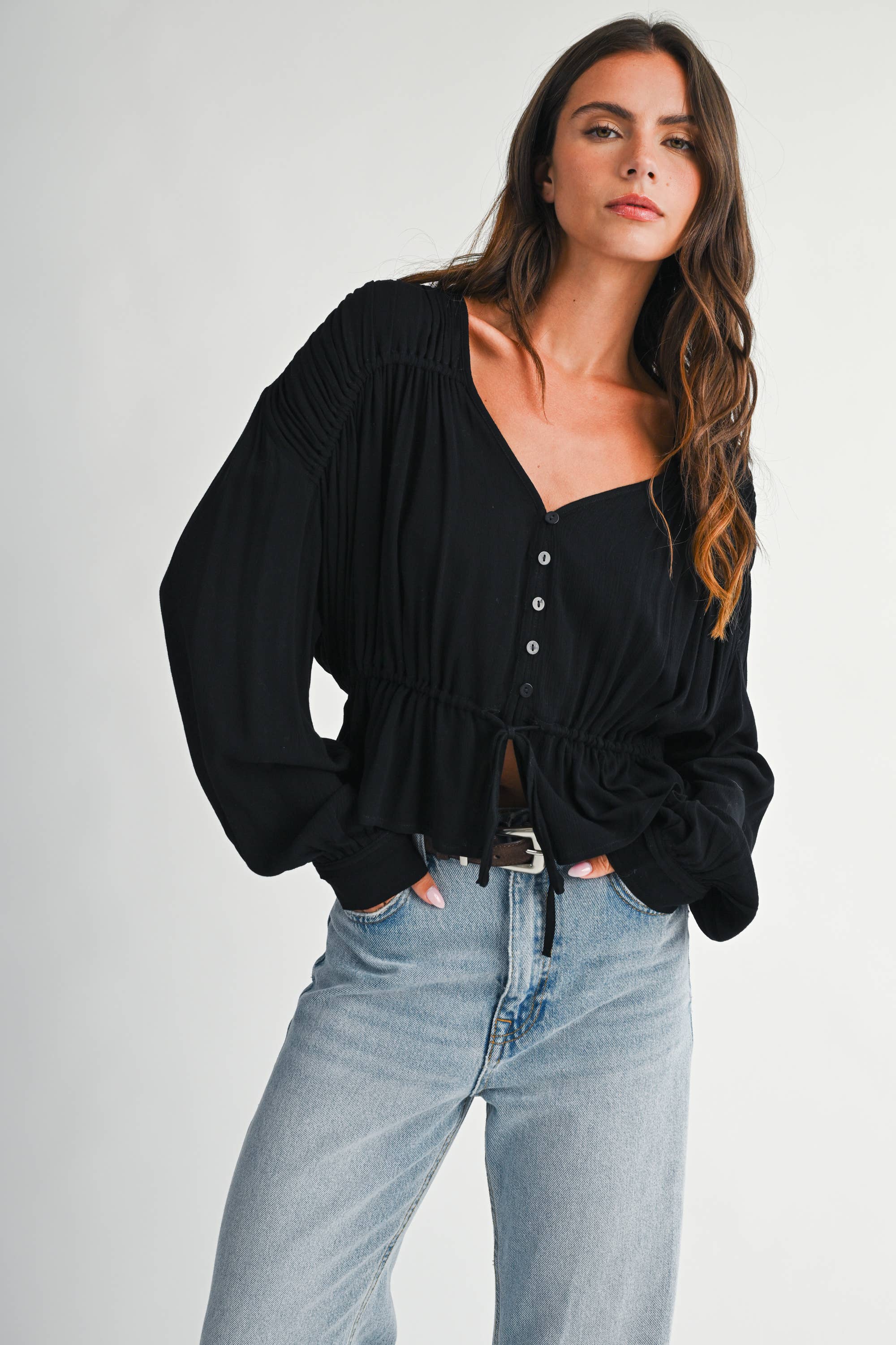 Textured Button Front Peplum Blouse
