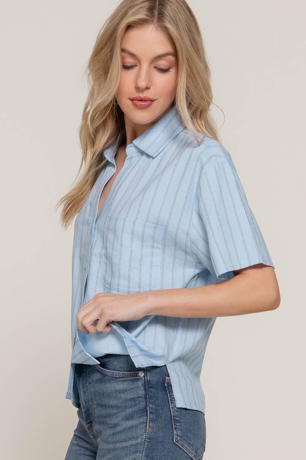 Short Dolman Sleeve Button Down Stripe Linen Shirt
