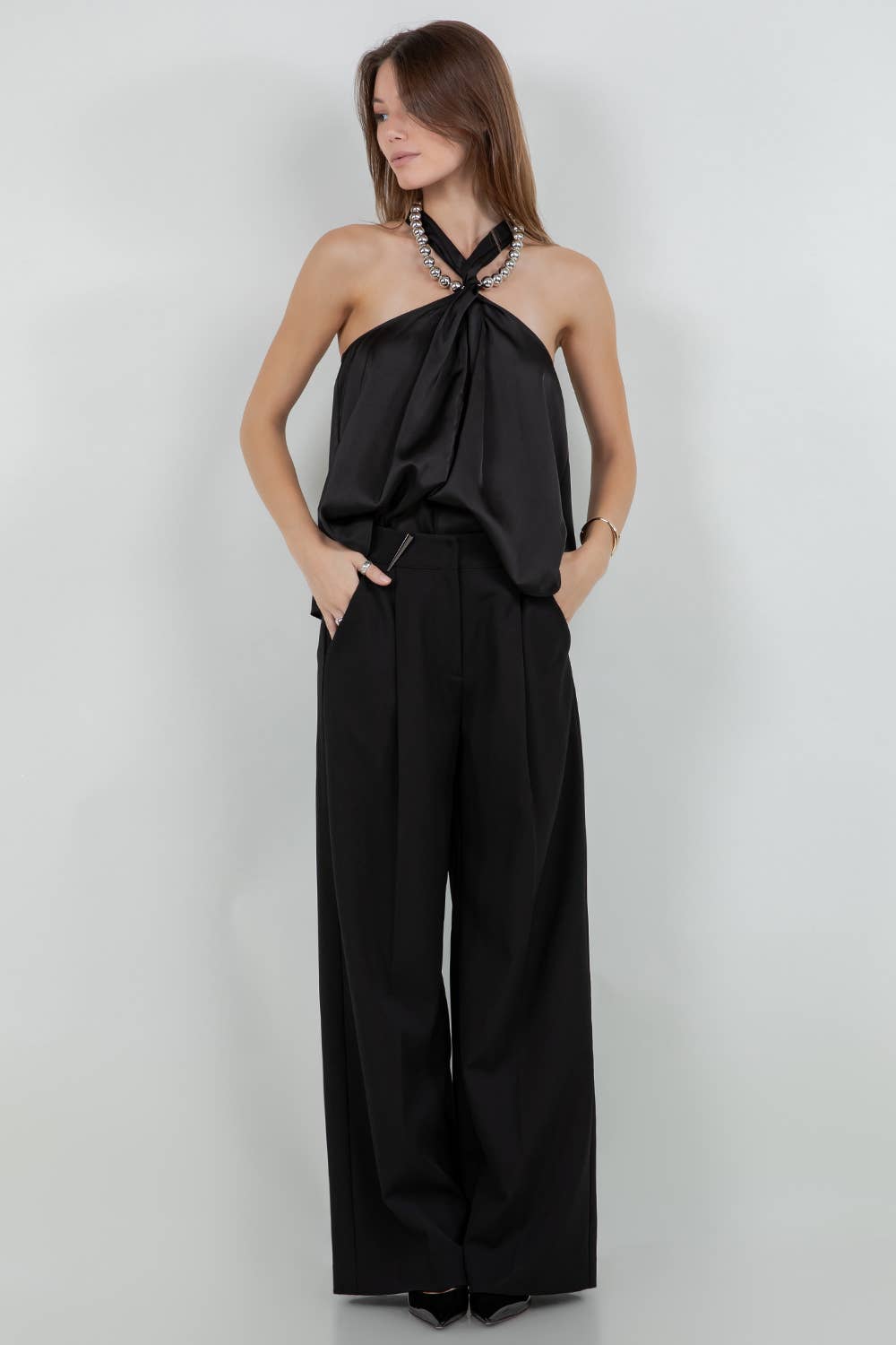 HALTER NECK SATIN TANK TOP WITH METALLIC SILVER BEADING