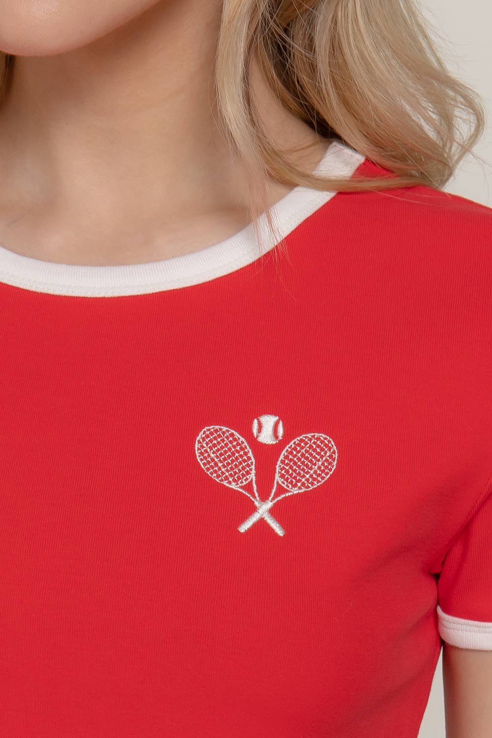 Short Sleeve Crew Neck Embroidery Ringer T-shirt