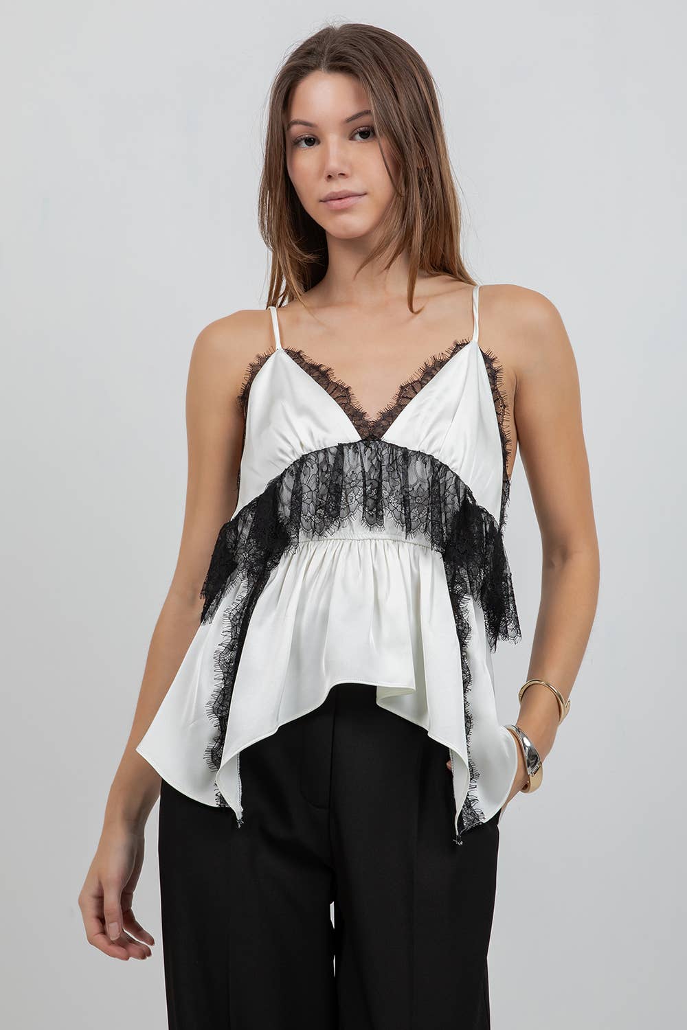 LACE MIXED SATIN CAMI TANK TOP