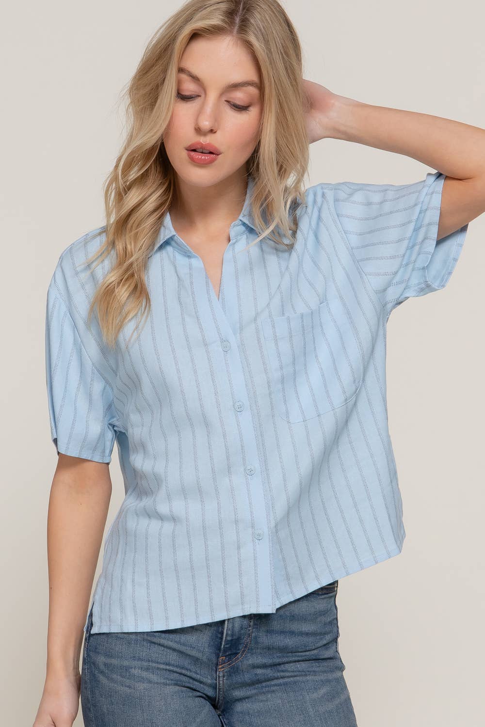 Short Dolman Sleeve Button Down Stripe Linen Shirt