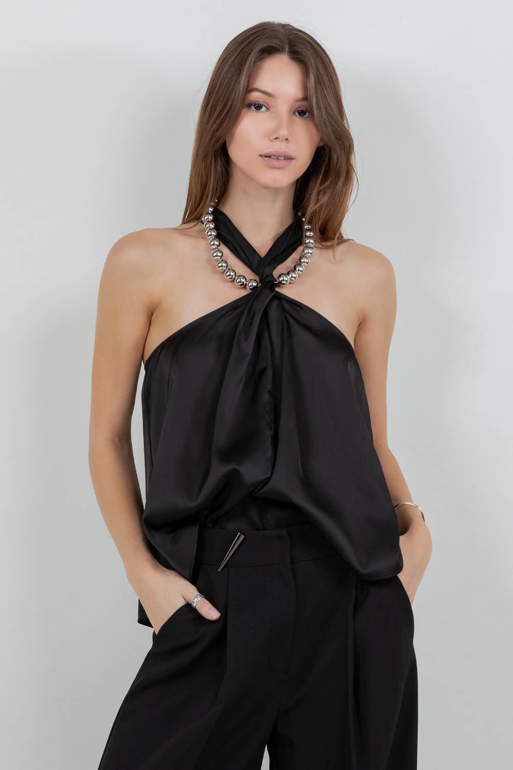HALTER NECK SATIN TANK TOP WITH METALLIC SILVER BEADING