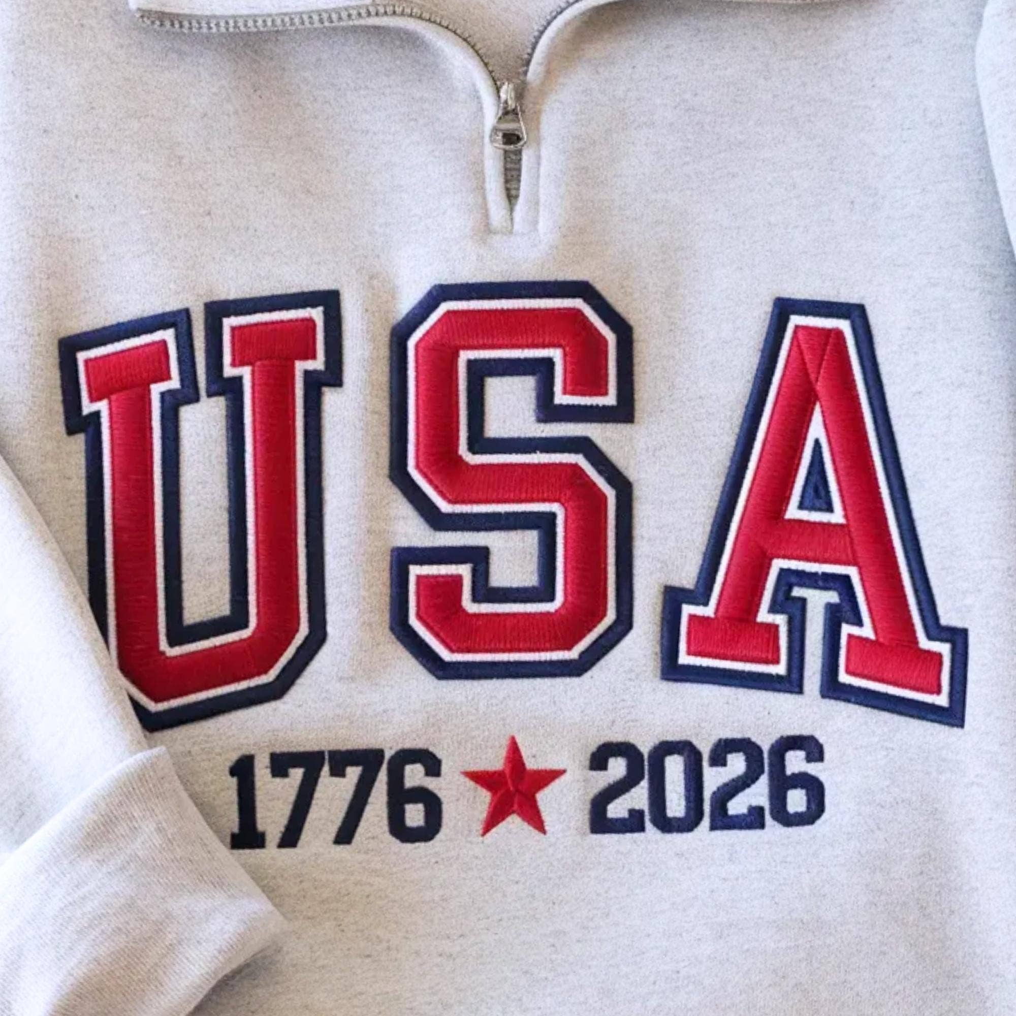 Embroidered USA Quarter Zip Sweatshirt: America 1776-2026
